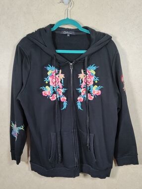 H178 Calesas Black Zip Hoodie with Pink & Teal Floral Embroidery XL